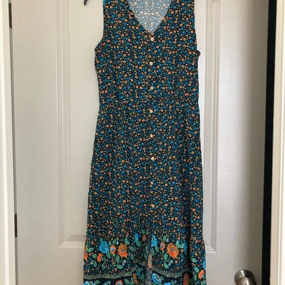 Floral Sleeveless Midi Dress - Black and Orange - Picture 4 of 10